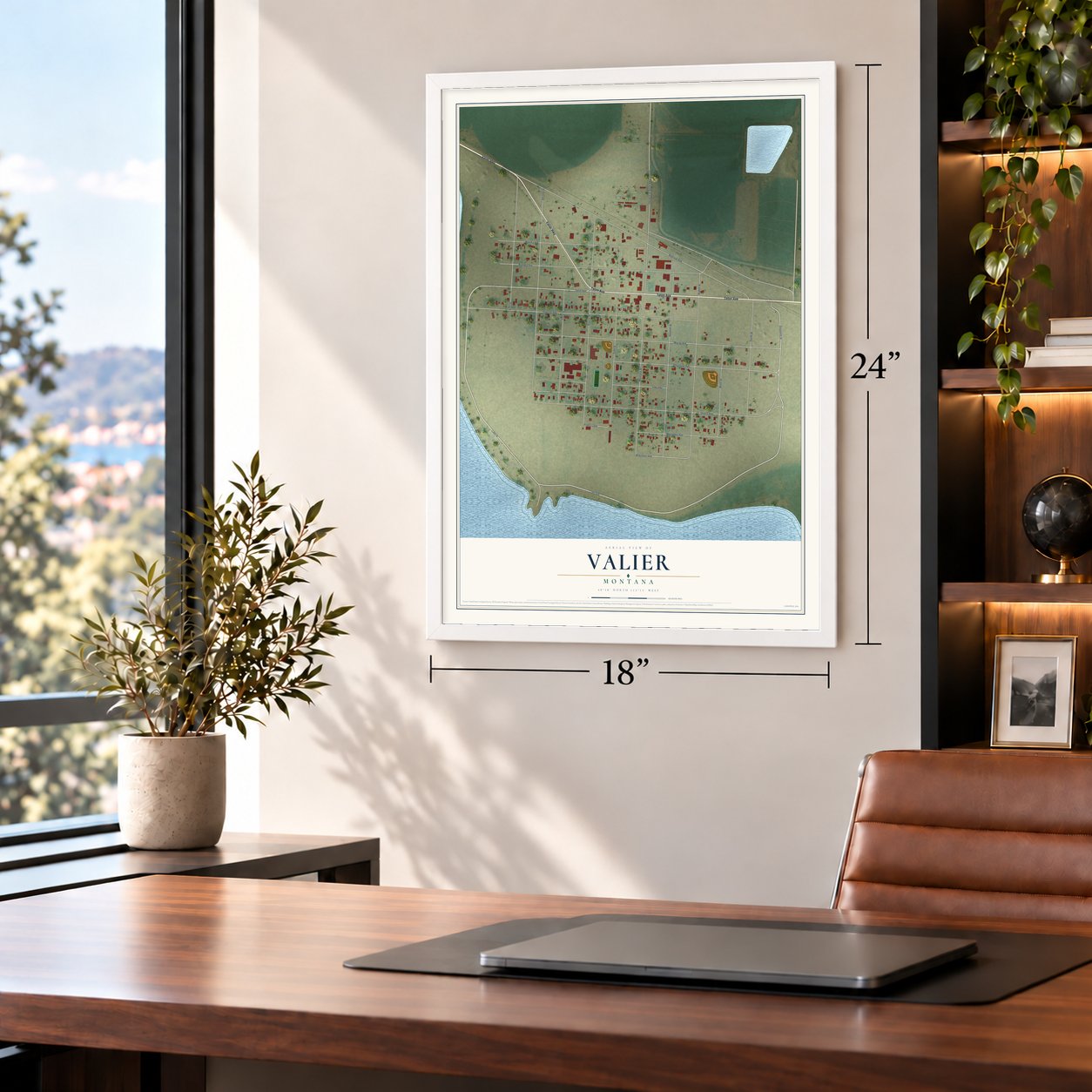 Valier, Montana map, 18 x 24 inch print in a white frame in a home office