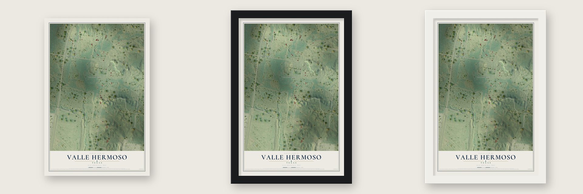 Valle Hermoso, Texas map unframed, in a black wood frame and in a white wood frame