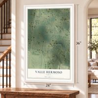 Valle Hermoso, Texas map, 24 x 36 inch print in a white frame by a staircase