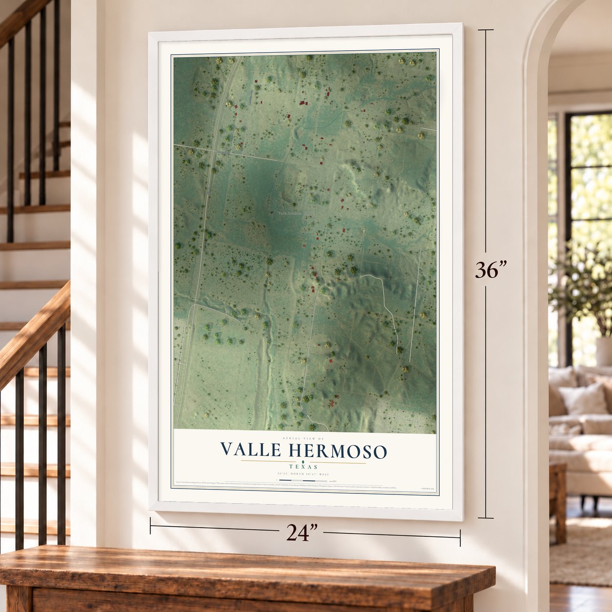 Valle Hermoso, Texas map, 24 x 36 inch print in a white frame by a staircase