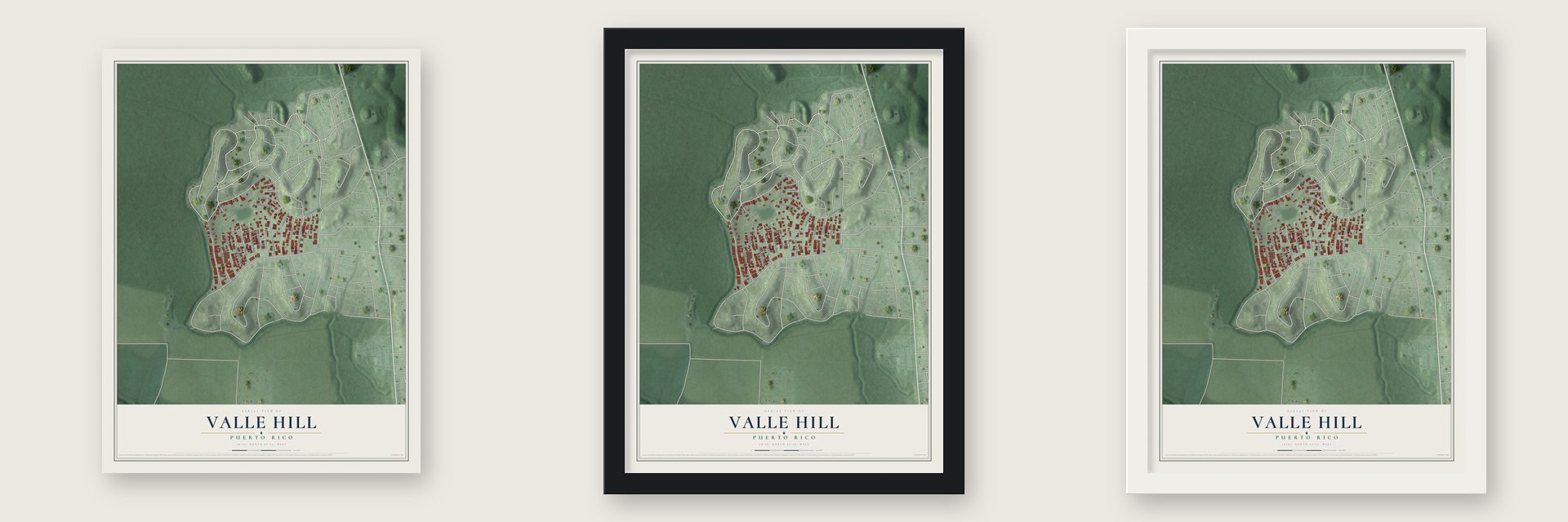 Valle Hill, Puerto Rico map unframed, in a black wood frame and in a white wood frame