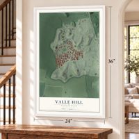 Valle Hill, Puerto Rico map, 24 x 36 inch print in a white frame by a staircase