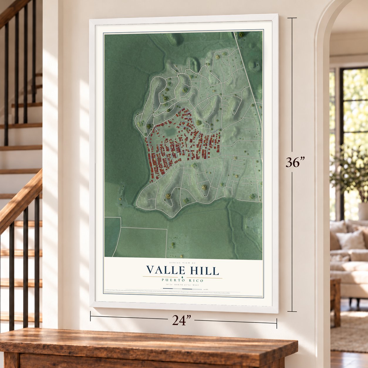 Valle Hill, Puerto Rico map, 24 x 36 inch print in a white frame by a staircase