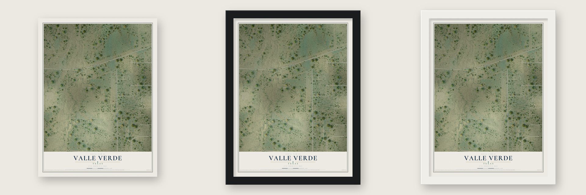 Valle Verde, Texas map unframed, in a black wood frame and in a white wood frame