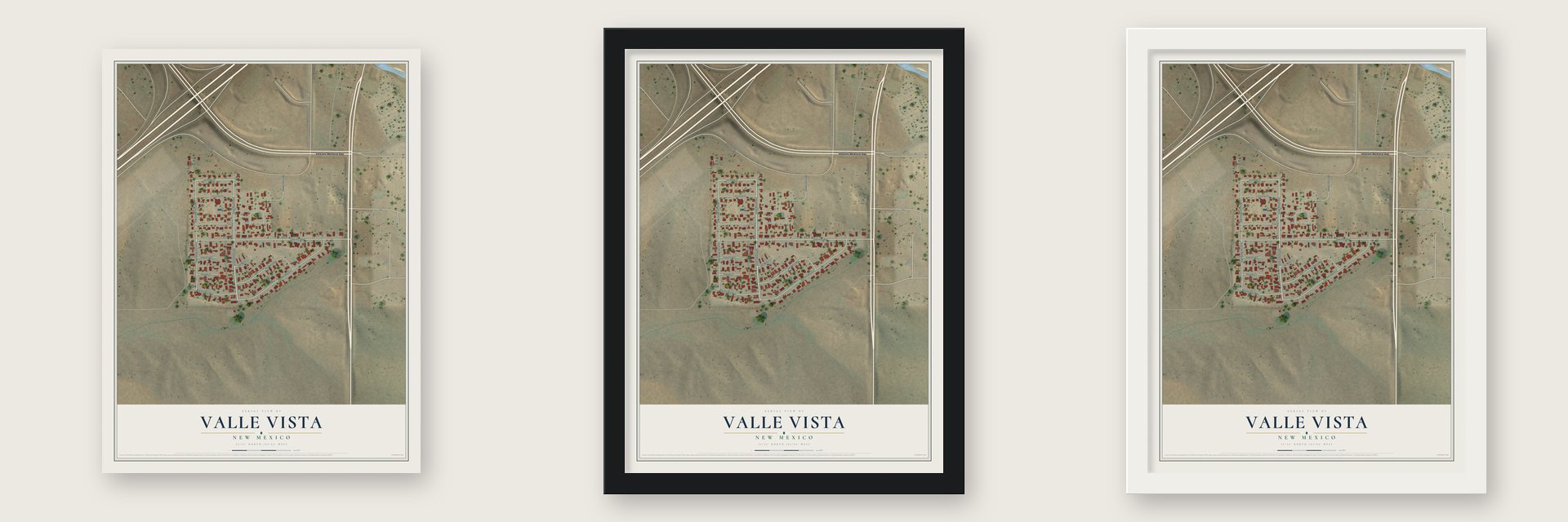 Valle Vista, New Mexico map unframed, in a black wood frame and in a white wood frame