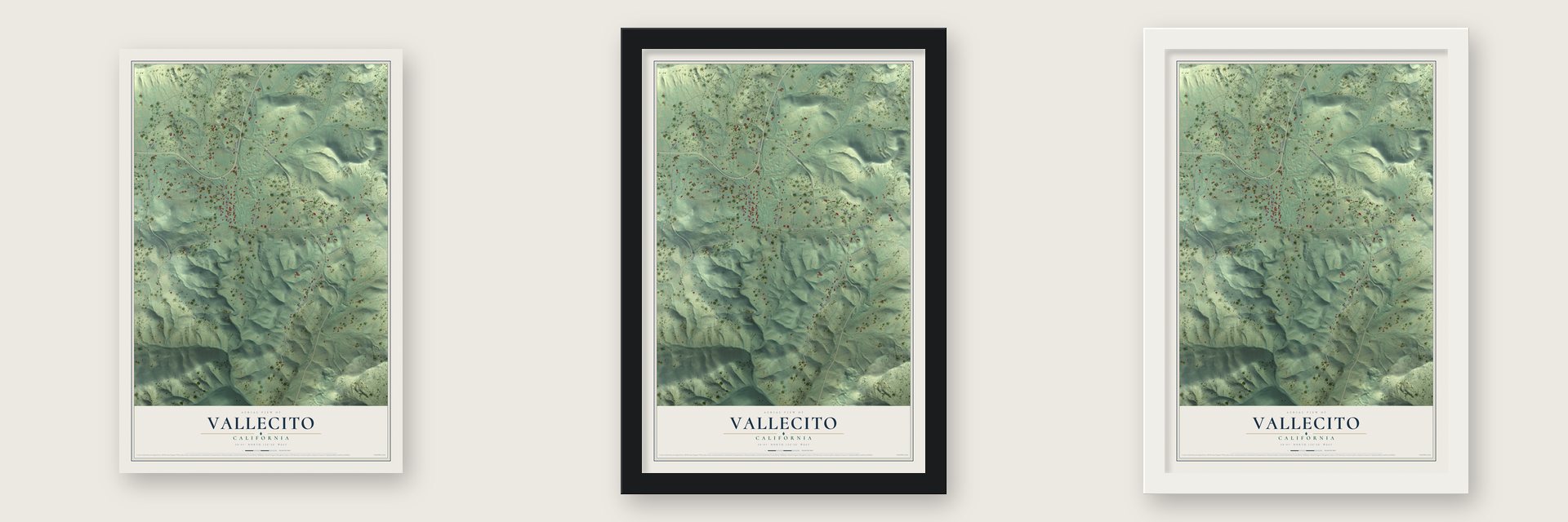 Vallecito, California map unframed, in a black wood frame and in a white wood frame