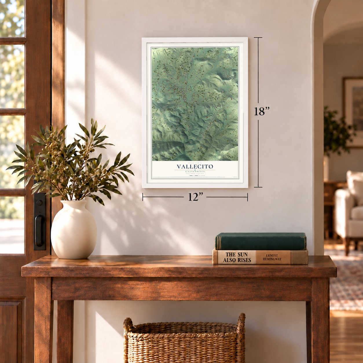 Vallecito, California map, 12 x 18 inch print in a white frame in an entryway