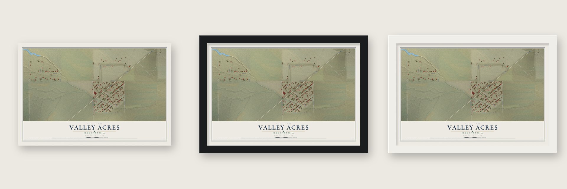 Valley Acres, California map unframed, in a black wood frame and in a white wood frame