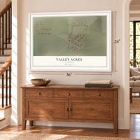 Valley Acres, California map, 24 x 36 inch print in a white frame above a dresser by a staircase