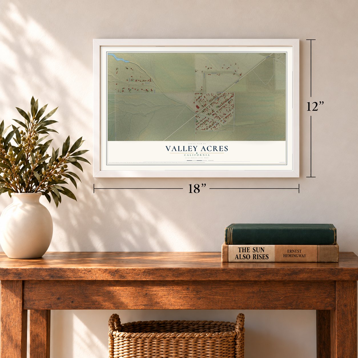 Valley Acres, California map, 12 x 18 inch print in a white frame in an entryway