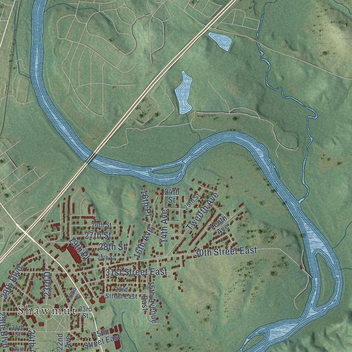 Second close-up of the map of Valley, Alabama print showing more streets and buildings