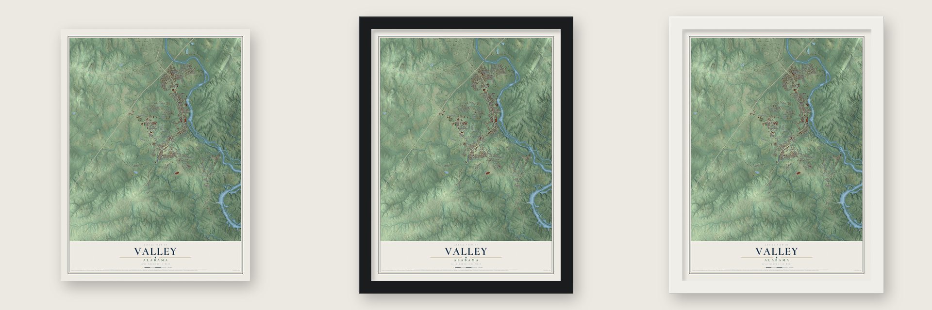 Valley, Alabama map unframed, in a black wood frame and in a white wood frame