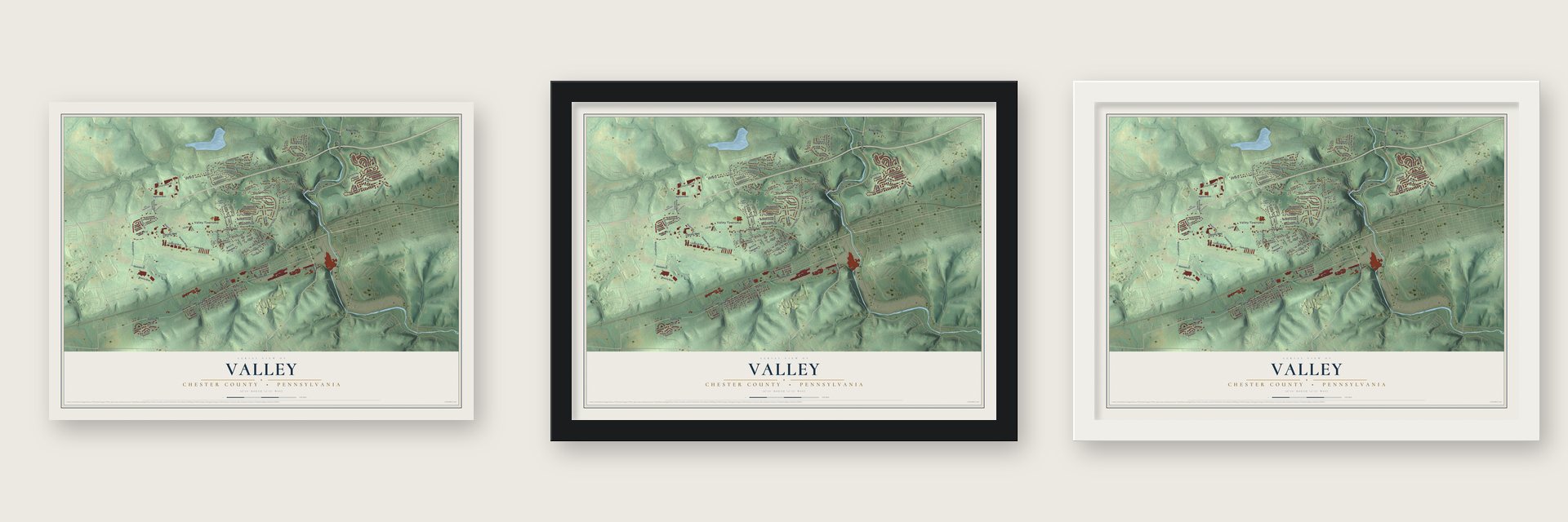 Valley, Chester County, Pennsylvania map unframed, in a black wood frame and in a white wood frame