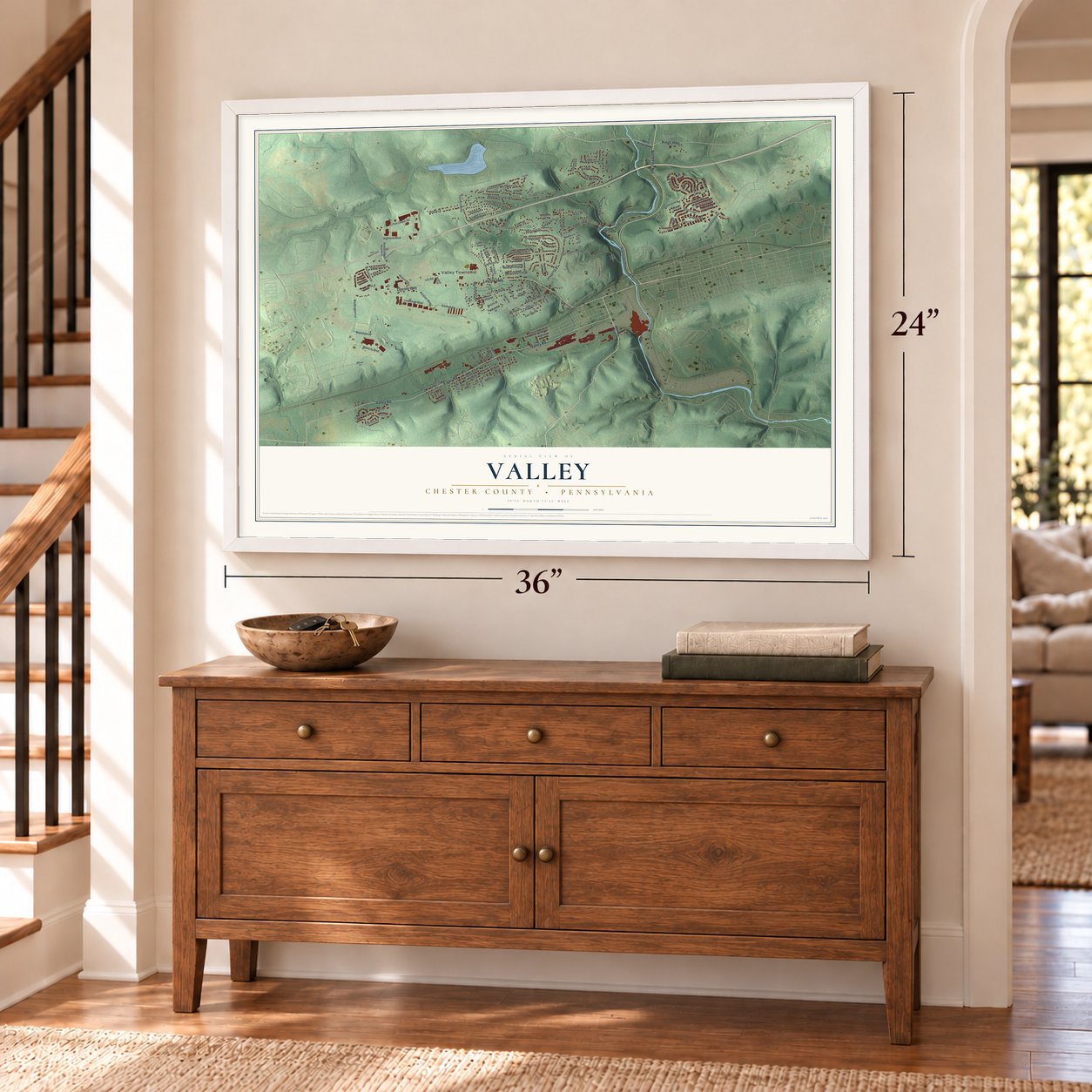 Valley, Chester County, Pennsylvania map, 24 x 36 inch print in a white frame above a dresser by a staircase