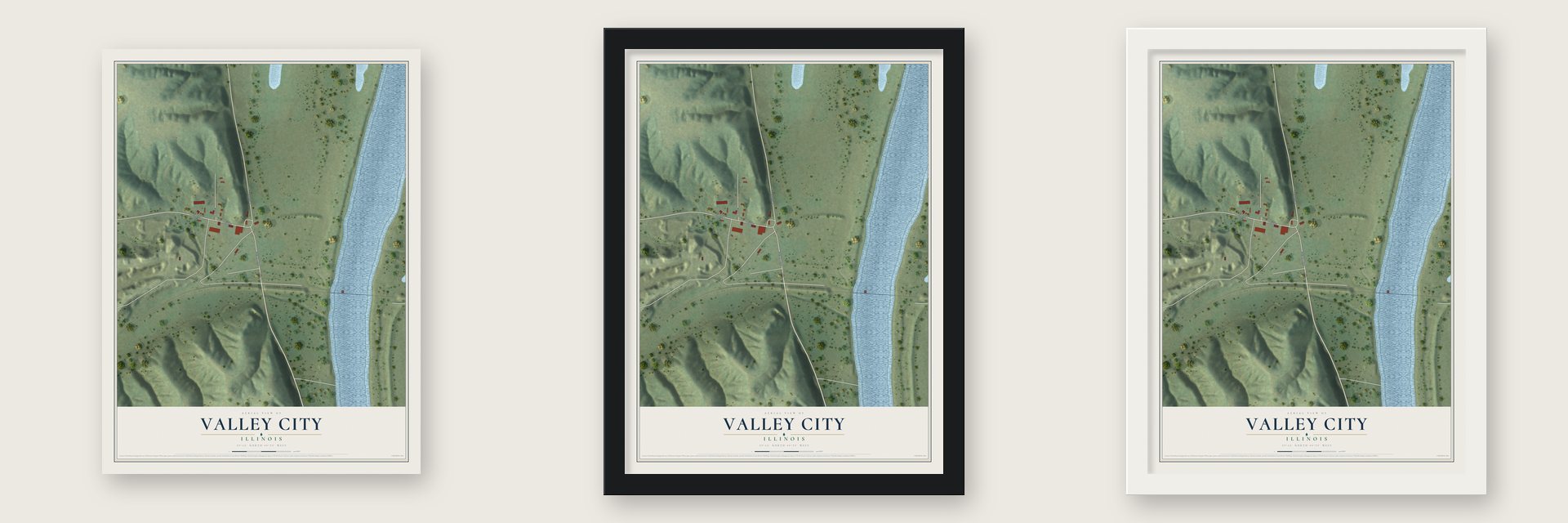 Valley City, Illinois map unframed, in a black wood frame and in a white wood frame