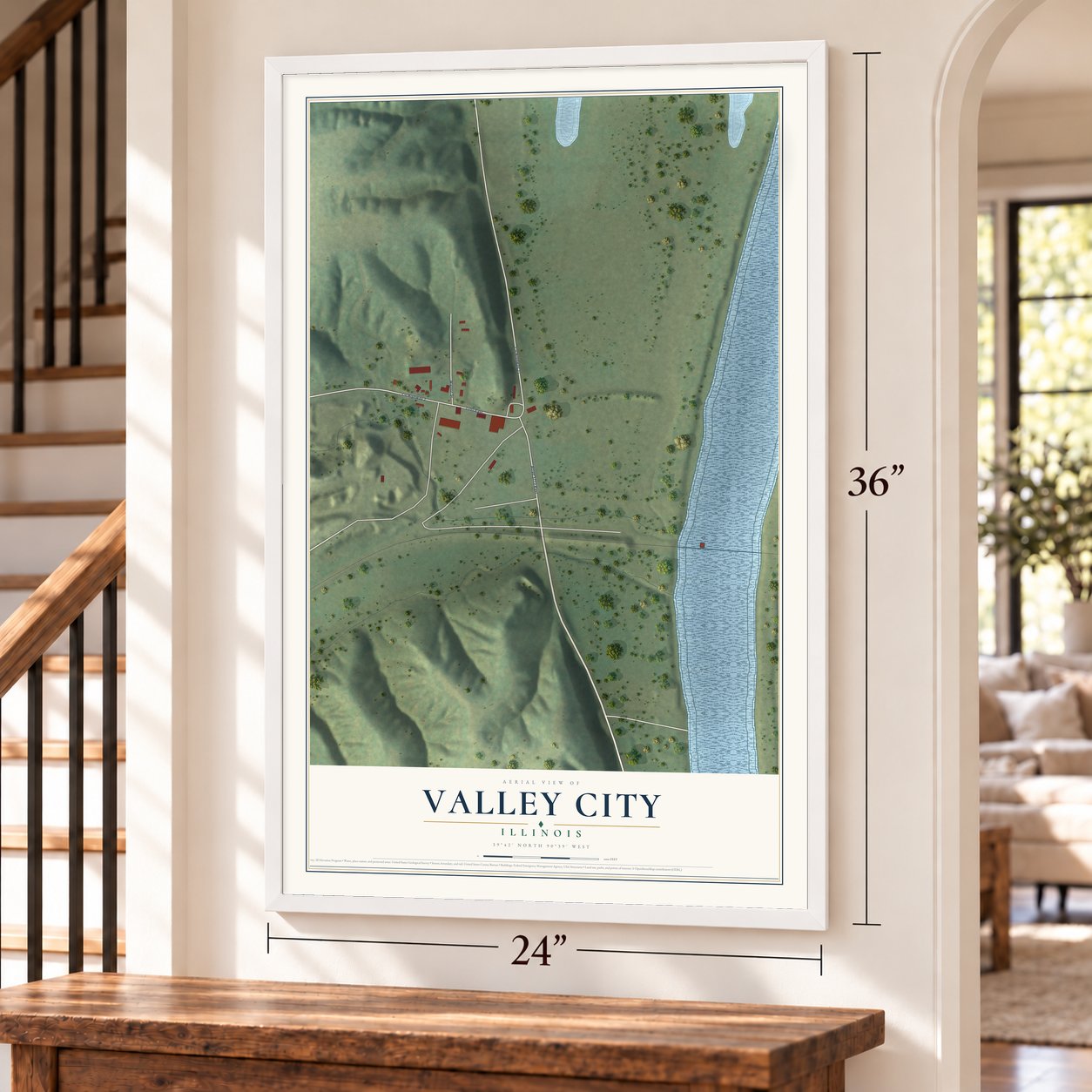 Valley City, Illinois map, 24 x 36 inch print in a white frame by a staircase