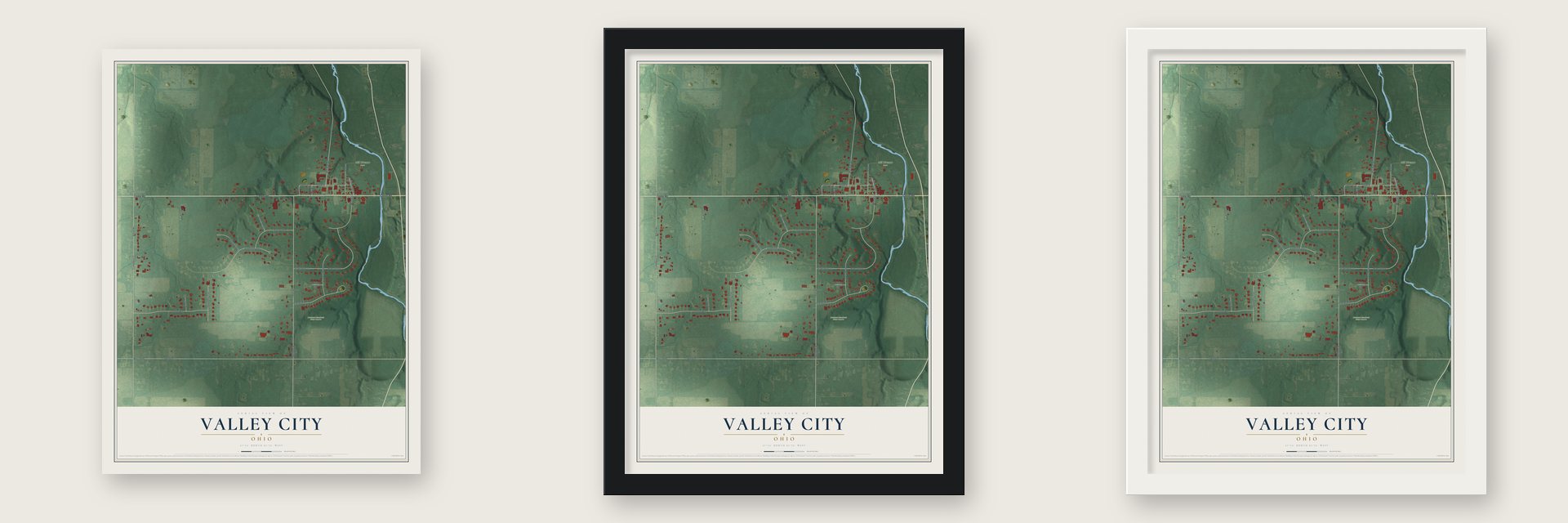 Valley City, Ohio map unframed, in a black wood frame and in a white wood frame