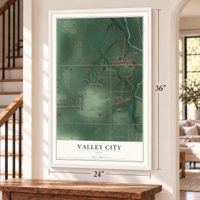 Valley City, Ohio map, 24 x 36 inch print in a white frame by a staircase
