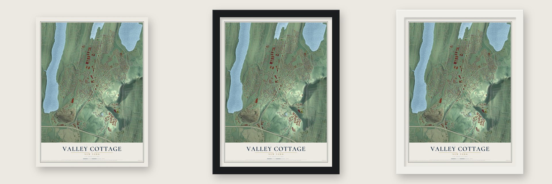 Valley Cottage, New York map unframed, in a black wood frame and in a white wood frame