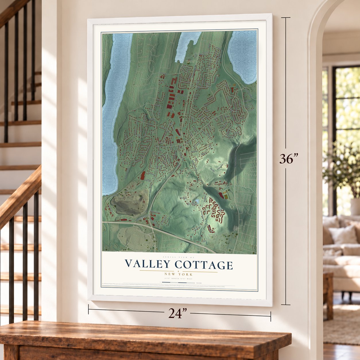 Valley Cottage, New York map, 24 x 36 inch print in a white frame by a staircase