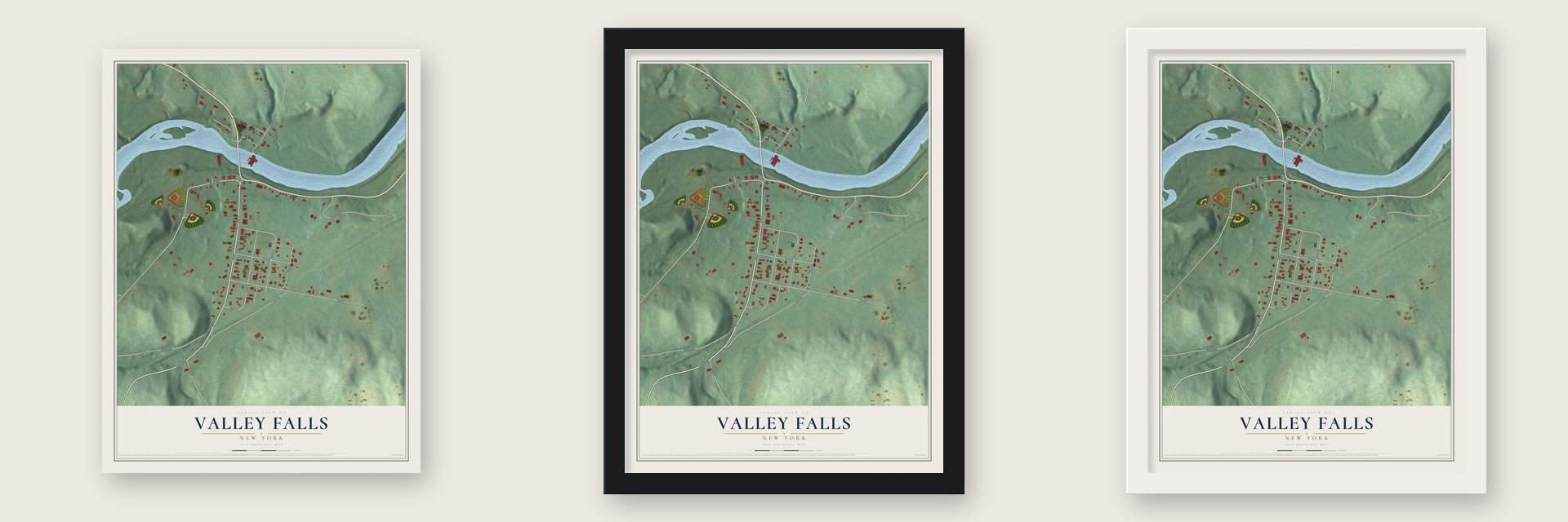 Valley Falls, New York map unframed, in a black wood frame and in a white wood frame