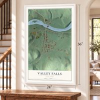 Valley Falls, New York map, 24 x 36 inch print in a white frame by a staircase