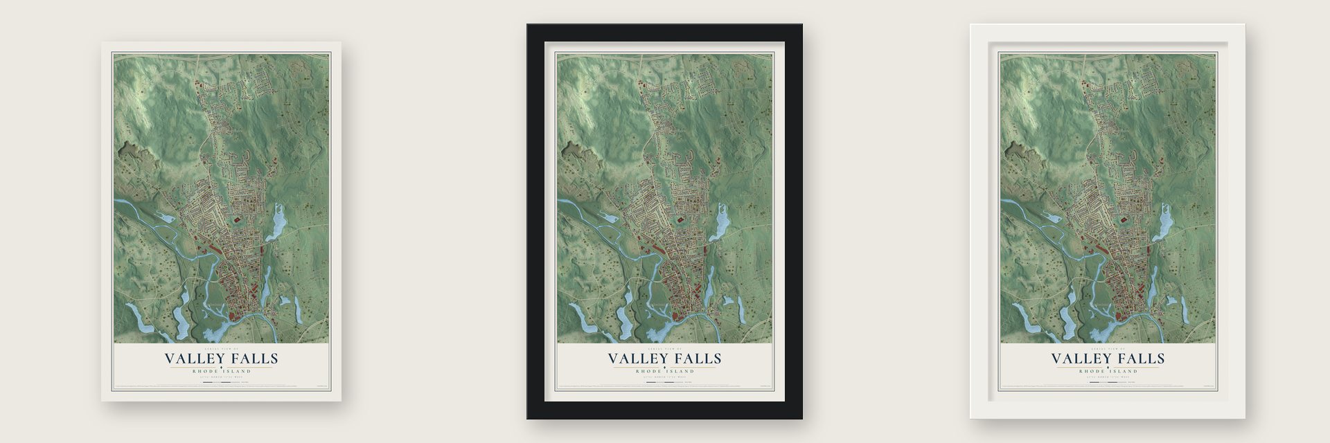 Valley Falls, Rhode Island map unframed, in a black wood frame and in a white wood frame