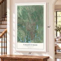 Valley Falls, Rhode Island map, 24 x 36 inch print in a white frame by a staircase