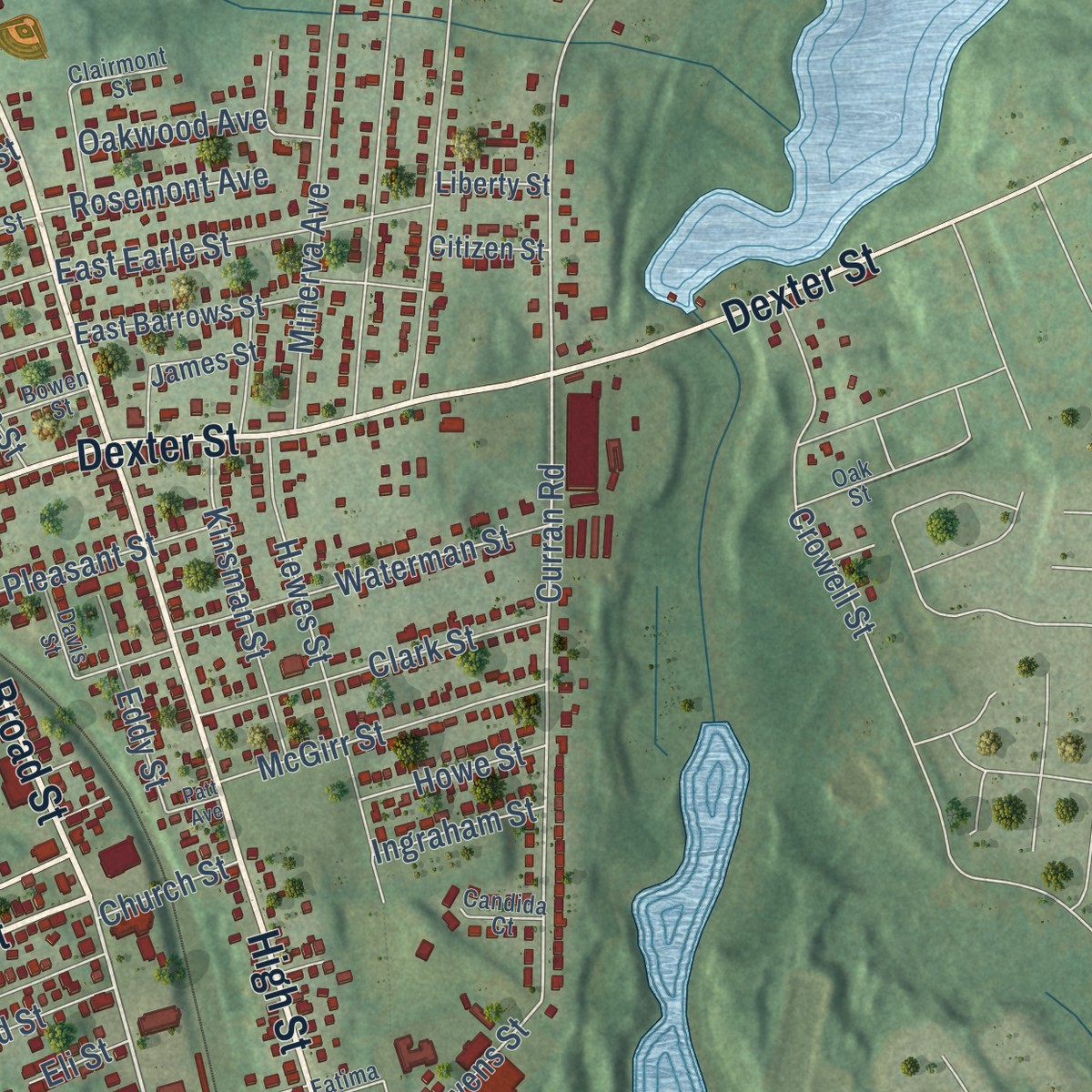 Second close-up of the map of Valley Falls, Rhode Island print showing more streets and buildings