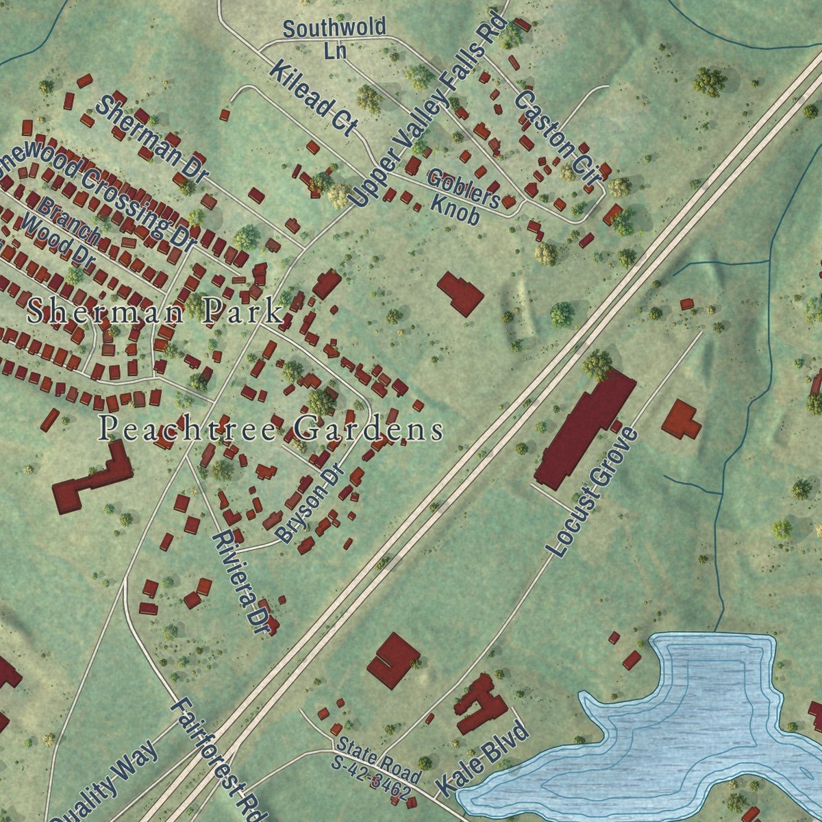 Second close-up of the map of Valley Falls, South Carolina print showing more streets and buildings