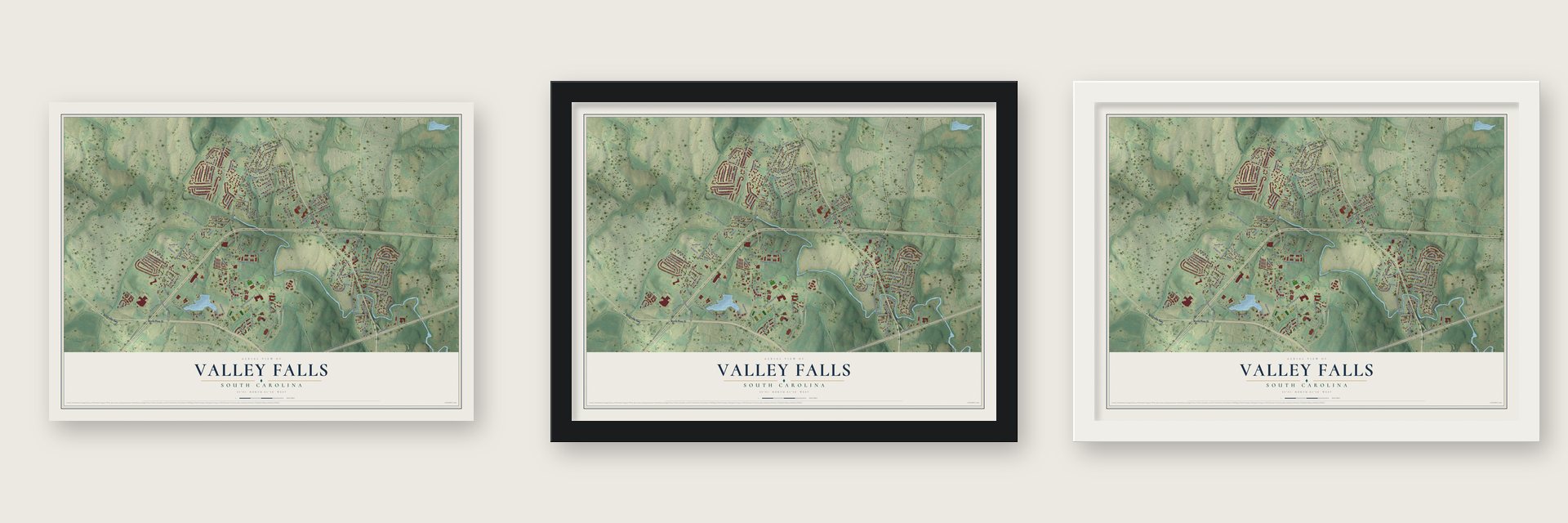 Valley Falls, South Carolina map unframed, in a black wood frame and in a white wood frame