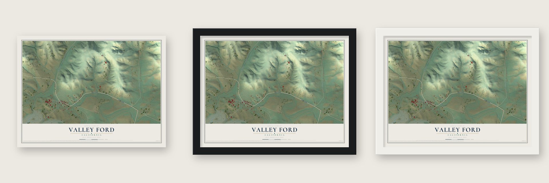 Valley Ford, California map unframed, in a black wood frame and in a white wood frame