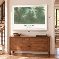 Valley Ford, California map, 24 x 36 inch print in a white frame above a dresser by a staircase