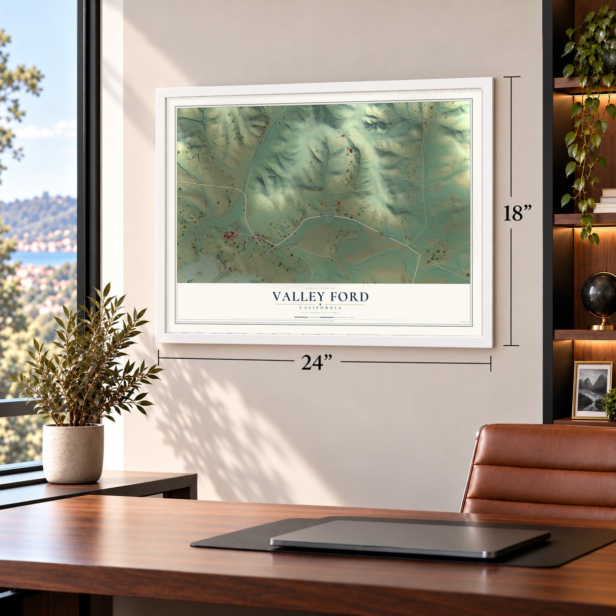 Valley Ford, California map, 18 x 24 inch print in a white frame in a home office