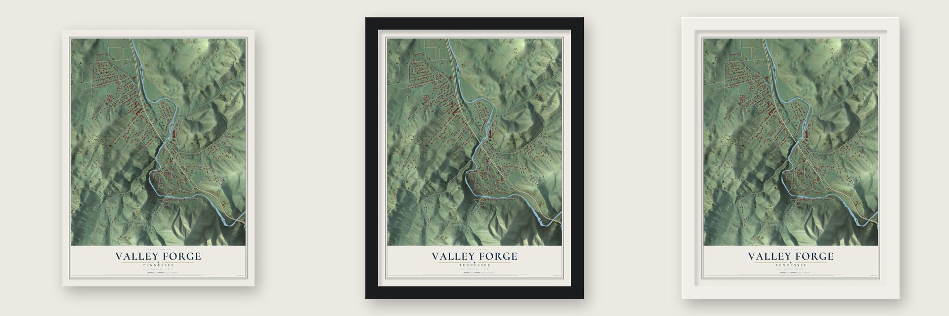 Valley Forge, Tennessee map unframed, in a black wood frame and in a white wood frame