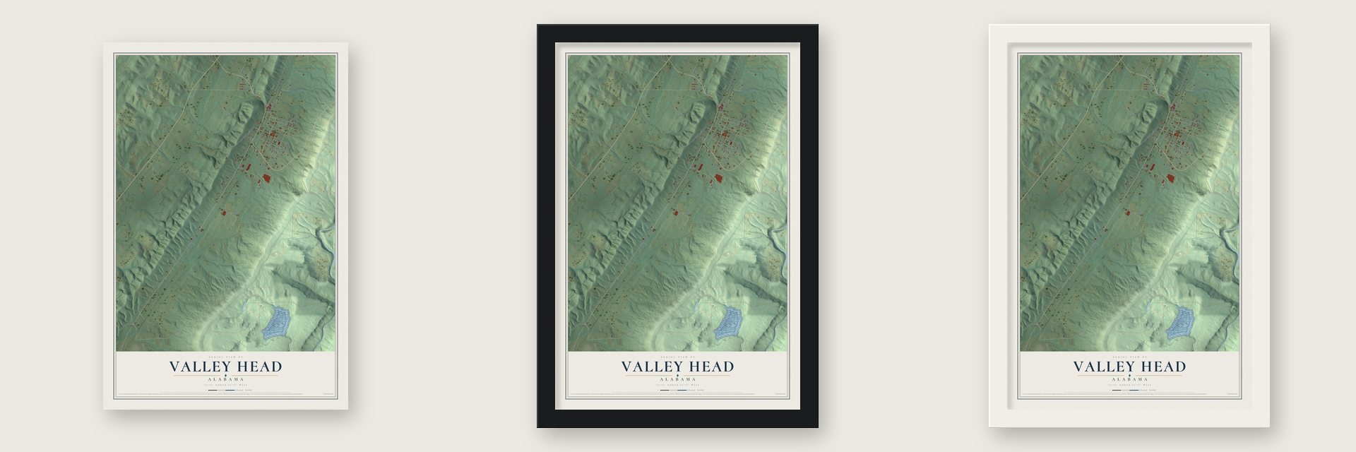 Valley Head, Alabama map unframed, in a black wood frame and in a white wood frame