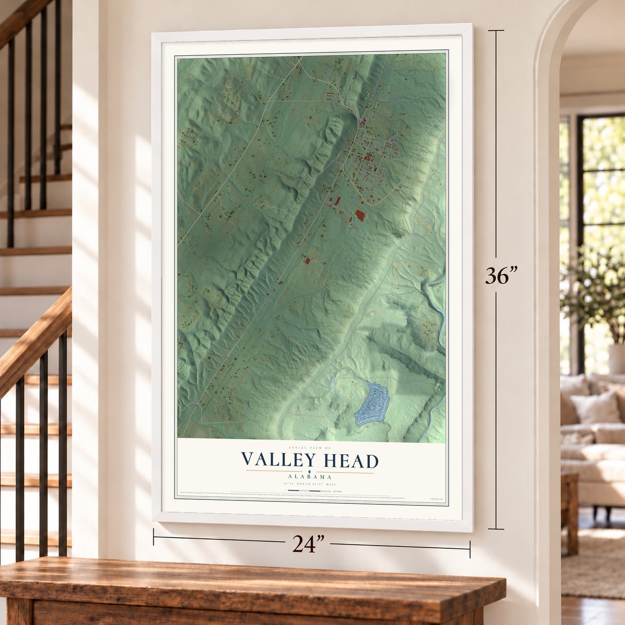 Valley Head, Alabama map, 24 x 36 inch print in a white frame by a staircase