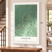 Valley Hi, Ohio map, 24 x 36 inch print in a white frame by a staircase