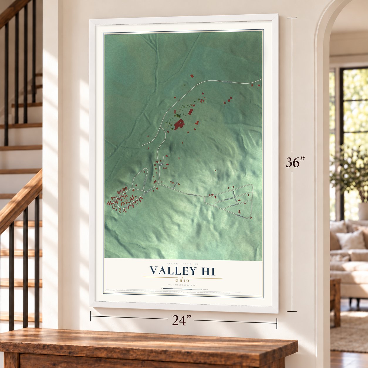 Valley Hi, Ohio map, 24 x 36 inch print in a white frame by a staircase