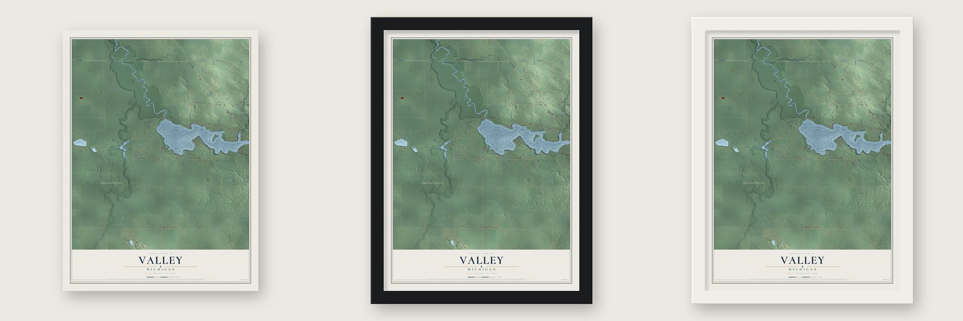 Valley, Michigan map unframed, in a black wood frame and in a white wood frame