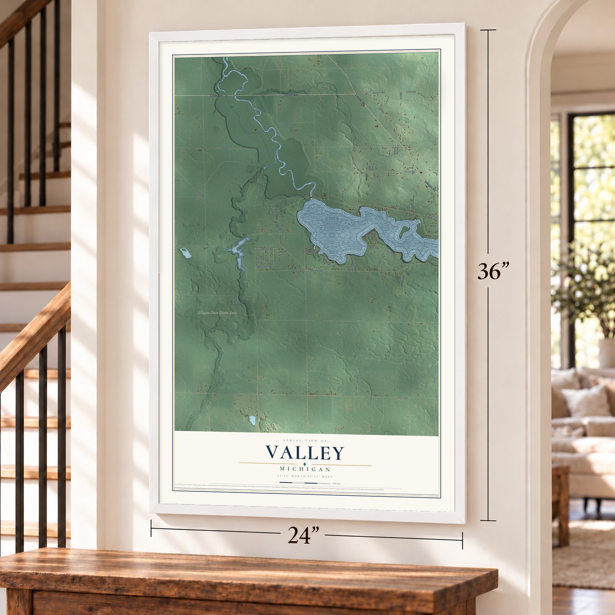 Valley, Michigan map, 24 x 36 inch print in a white frame by a staircase