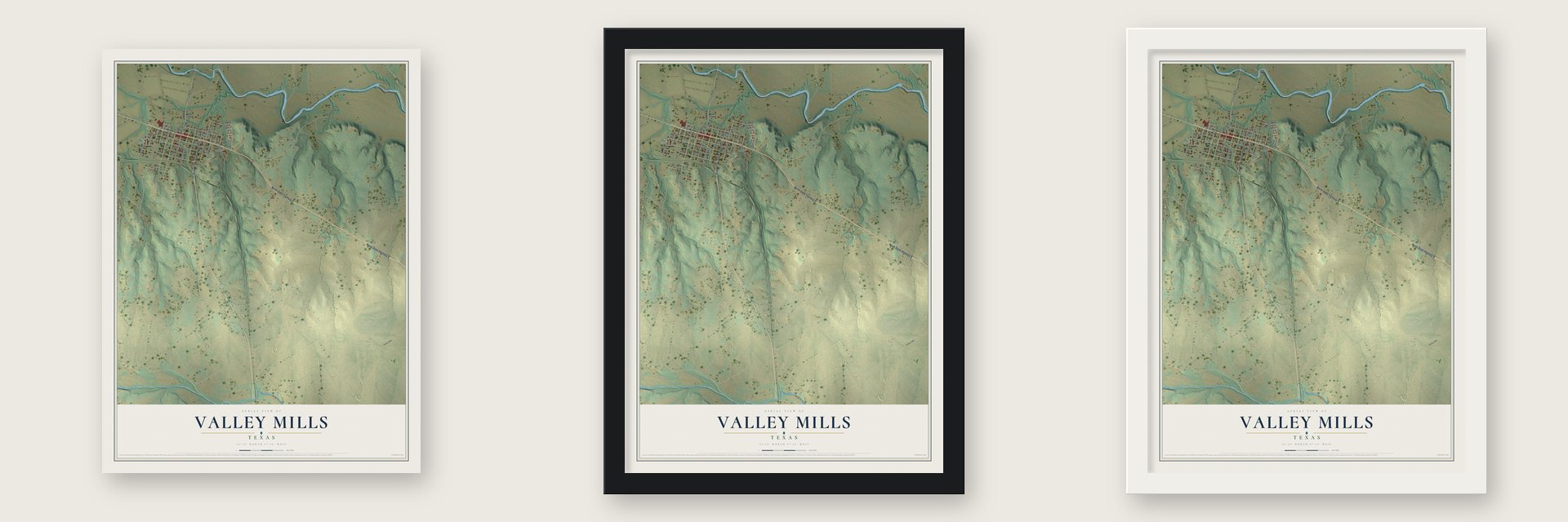 Valley Mills, Texas map unframed, in a black wood frame and in a white wood frame