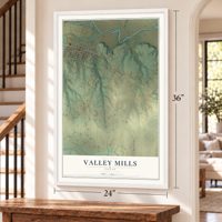 Valley Mills, Texas map, 24 x 36 inch print in a white frame by a staircase