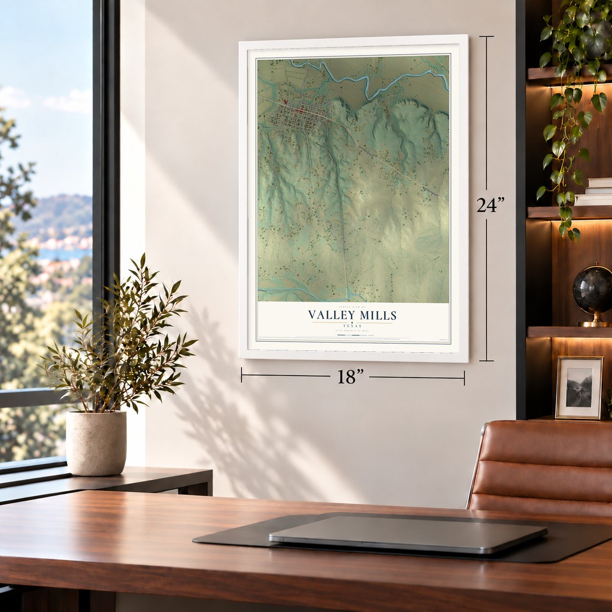 Valley Mills, Texas map, 18 x 24 inch print in a white frame in a home office