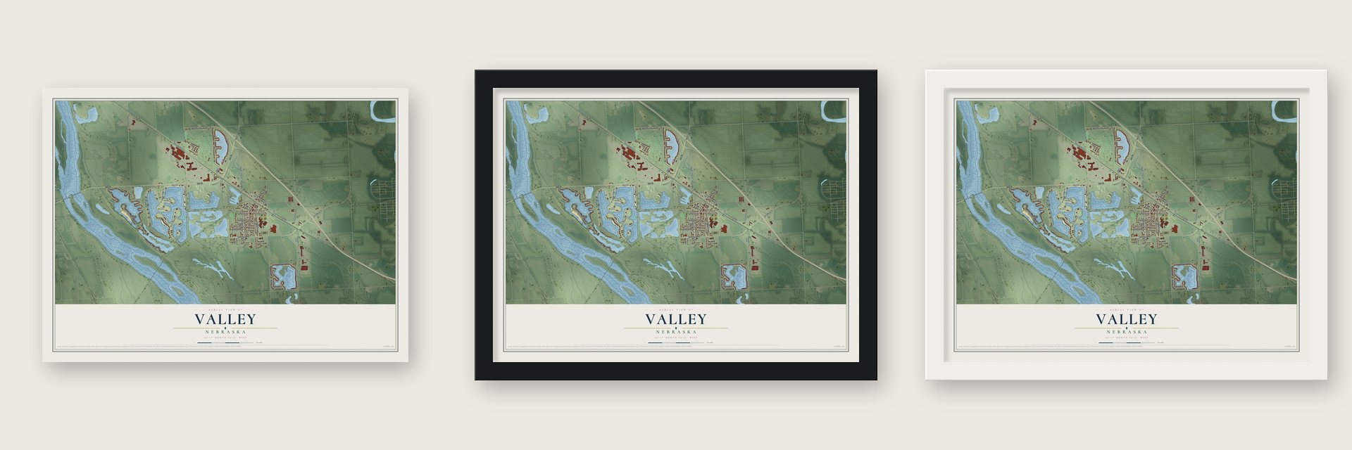 Valley, Nebraska map unframed, in a black wood frame and in a white wood frame