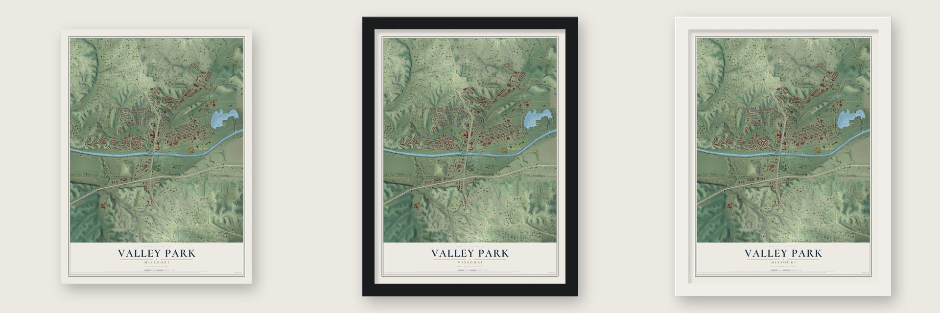 Valley Park, Missouri map unframed, in a black wood frame and in a white wood frame