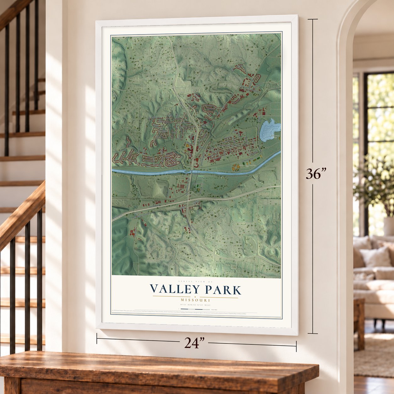 Valley Park, Missouri map, 24 x 36 inch print in a white frame by a staircase