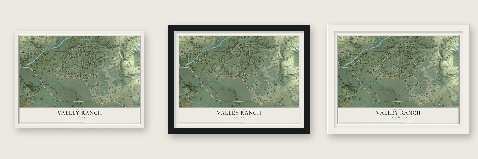 Valley Ranch, California map unframed, in a black wood frame and in a white wood frame