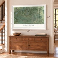 Valley Ranch, California map, 24 x 36 inch print in a white frame above a dresser by a staircase