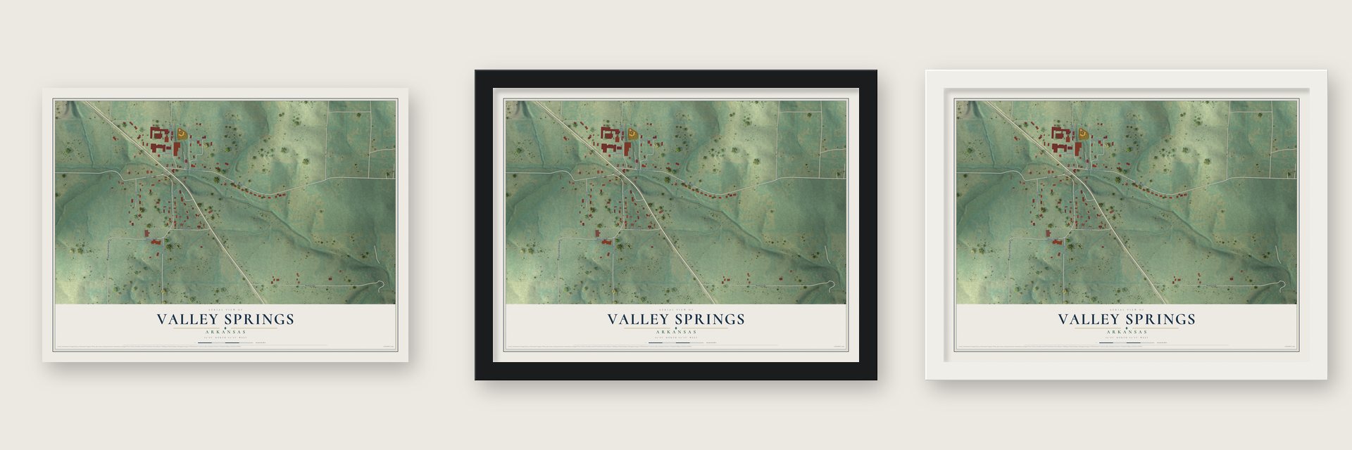 Valley Springs, Arkansas map unframed, in a black wood frame and in a white wood frame
